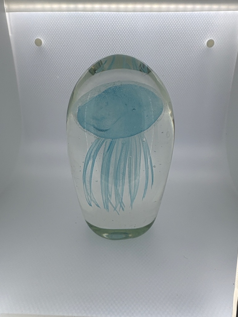 Glass Jellyfish Paperweight - Light Blue - Glows with Black Light